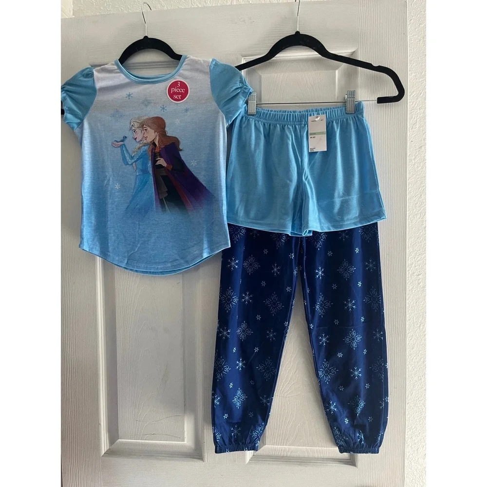 Disney Frozen Girls 3 Piece Pajama Set Elsa Anna Blue Shirt Shorts Pants Size 8